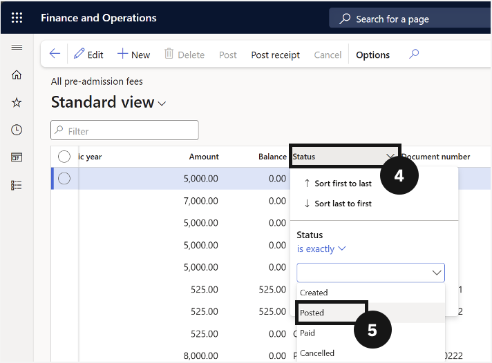 Reverse Enrolment Deposit or Fee — All pre-admission fees filtered by Posted status with the deposit selected