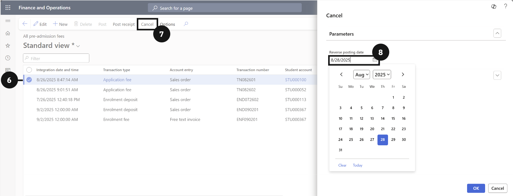 Reverse Enrolment Deposit or Fee — the Cancel dialog with the Reverse posting date field