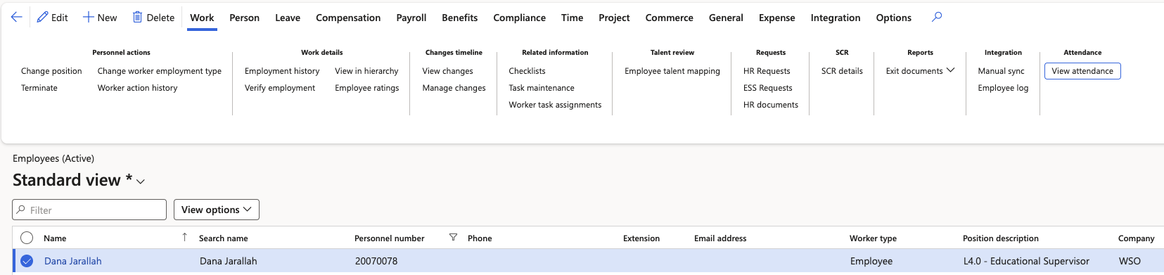 An employee selected with the View attendance button selected