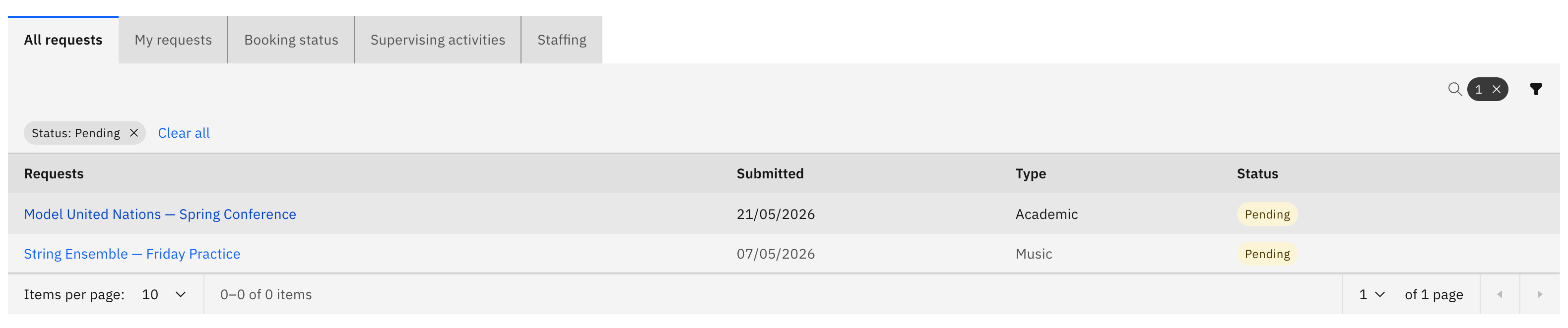 The All requests tab filtered to Pending, with the Pending request rows ready to open for review