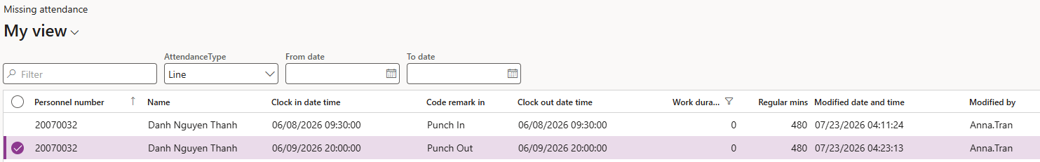 The missing attendance form showing a punch in with no punch out and a punch out with no punch in