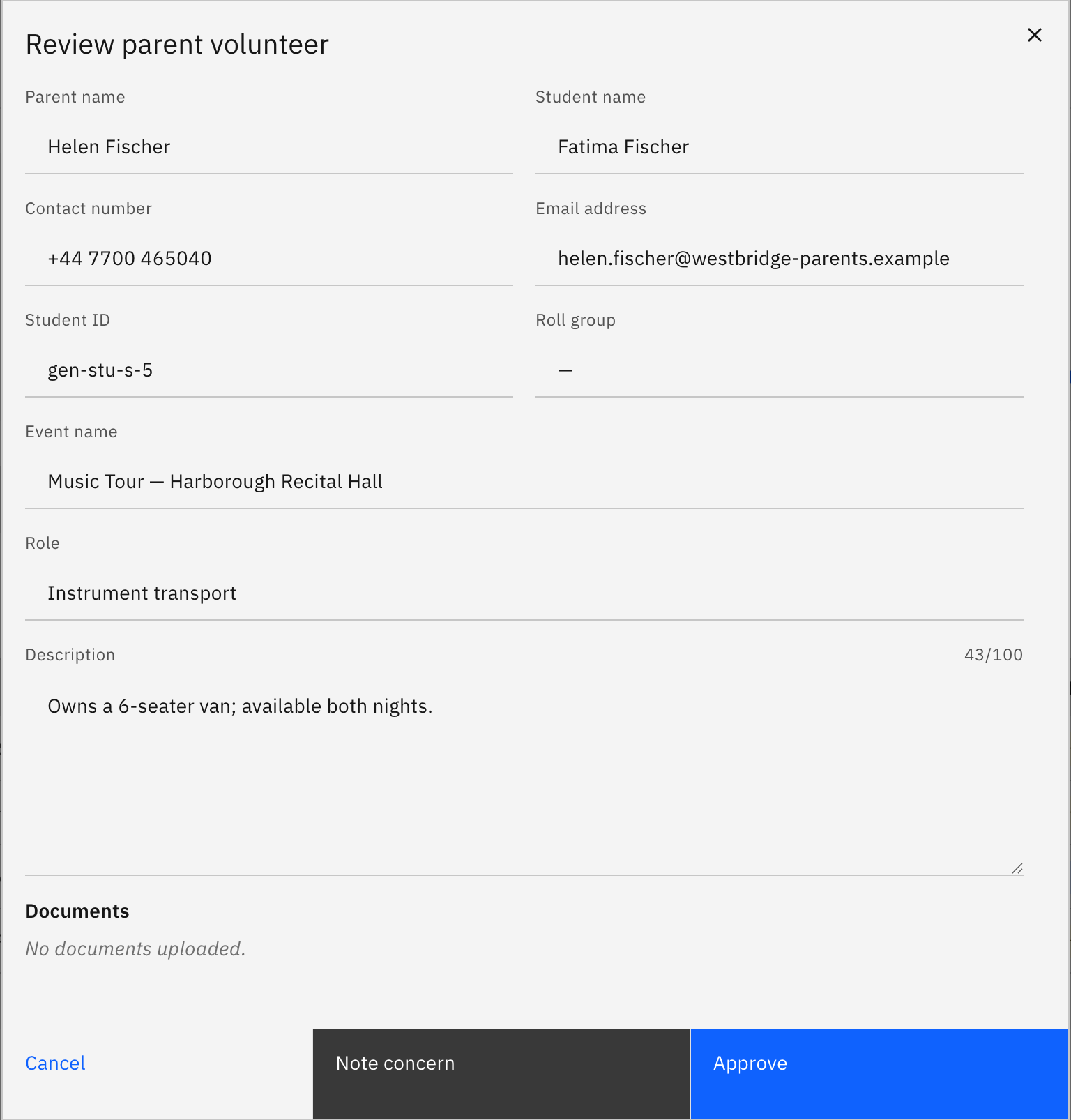 The Review parent volunteer modal — the volunteer's details, role, and description, with the Documents section at the bottom