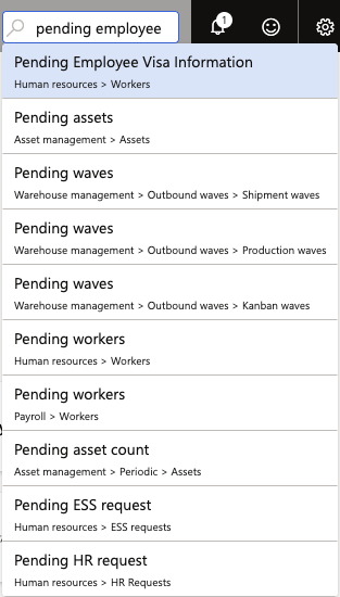 The D365 search results showing the Pending Worker Visa Information form option