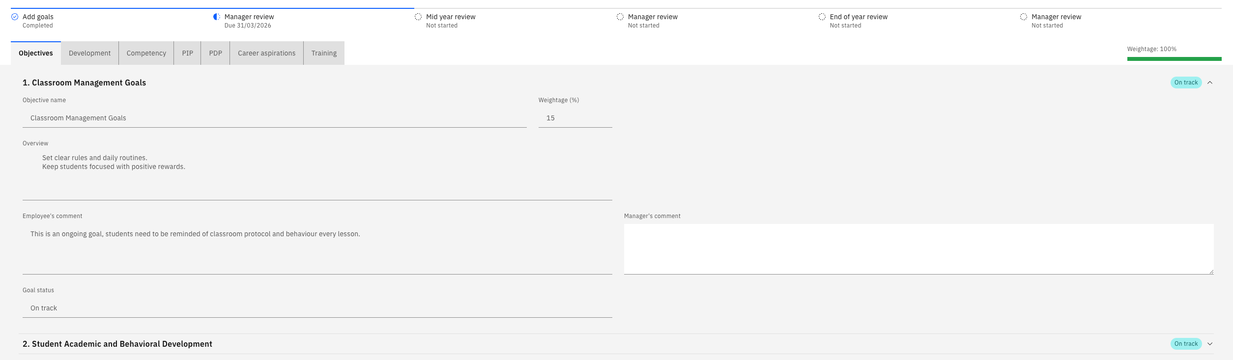 An employee's submitted goal setting review open in the manager view