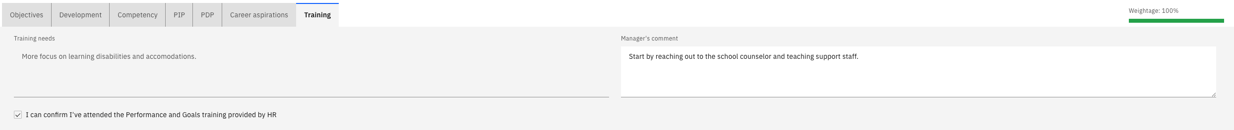 Career aspirations and training needs shown in the manager view