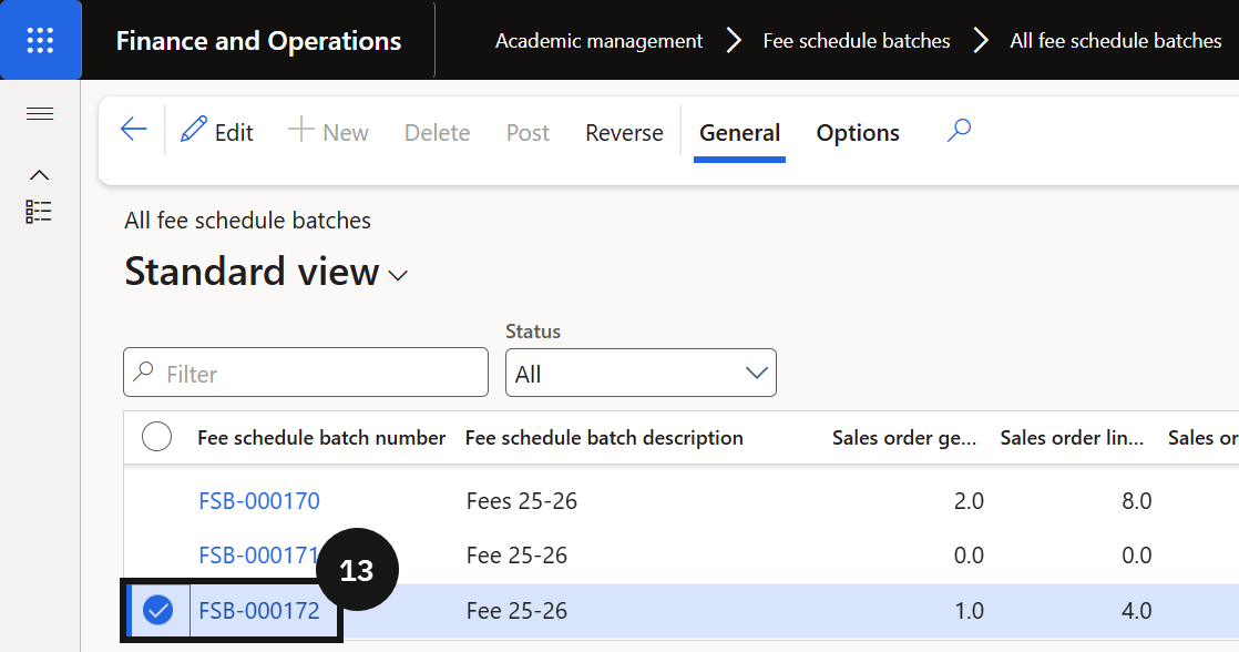 Run the Fee Schedule Batch — the All fee schedule batches list with the newly created batch and the batch detail view
