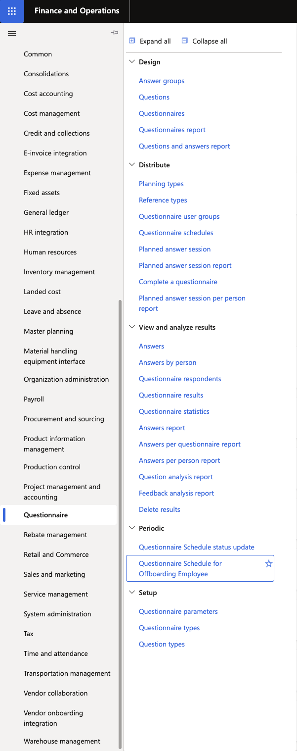The Question Schedule list in D365 with the Offboarding Employees schedule row highlighted