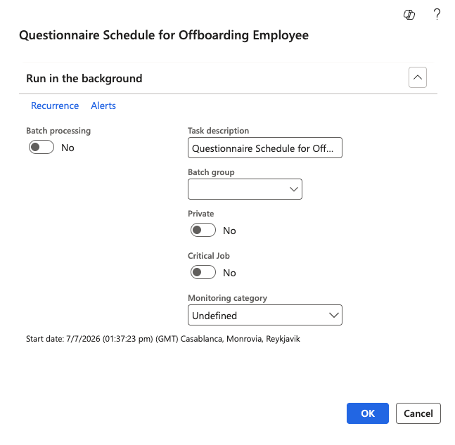 The offboarding questionnaire schedule record with the OK button highlighted