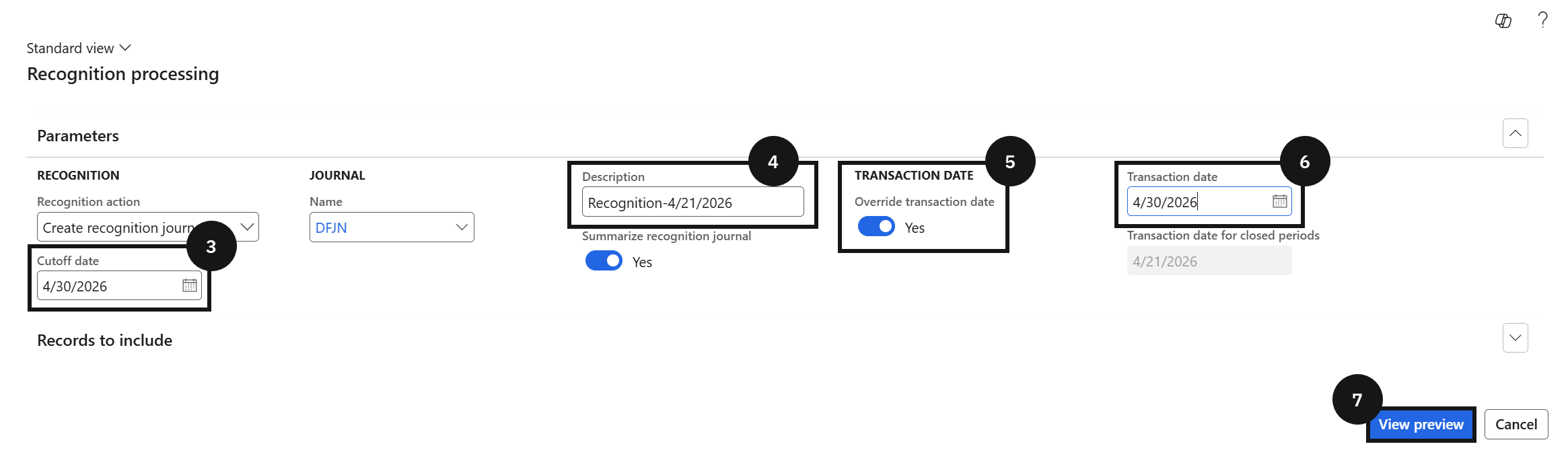 Revenue Recognition Processing — the Recognition processing form with Cutoff date, Description, Override transaction date, and Transaction date fields