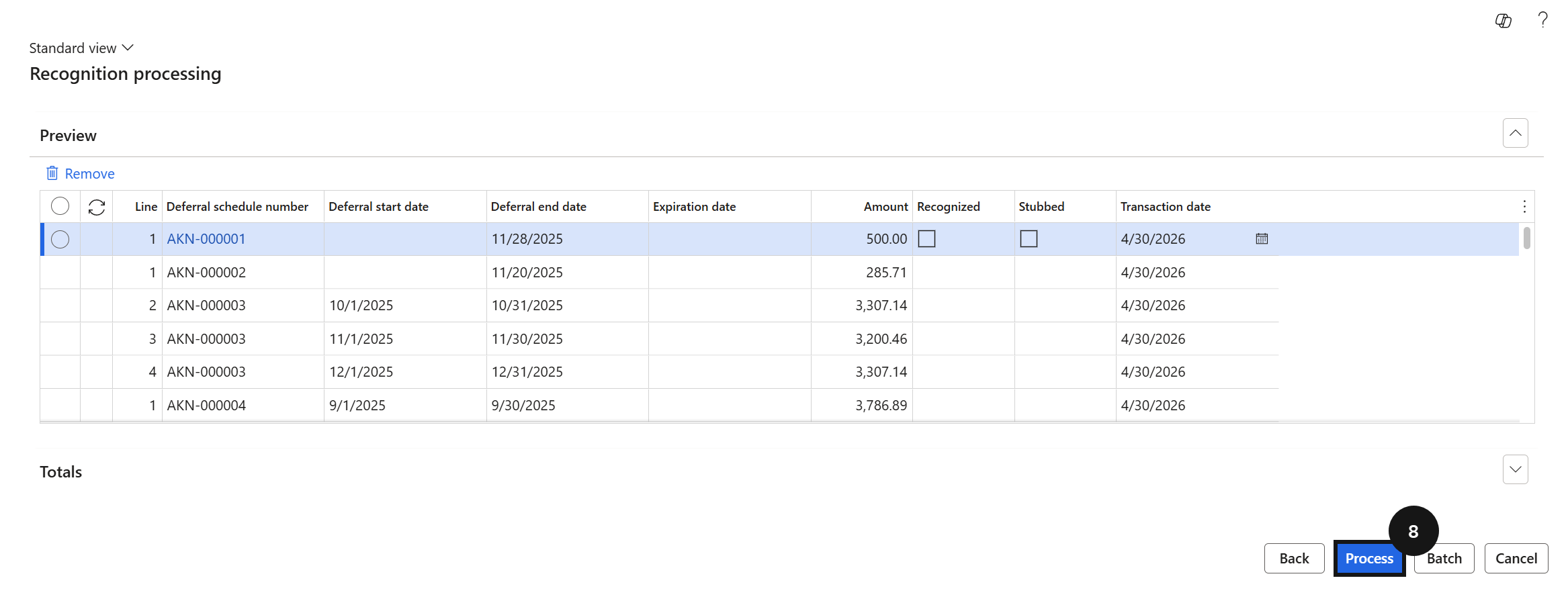 Revenue Recognition Processing — the preview list showing deferral lines to be recognised