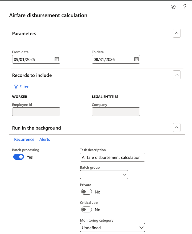 The airfare calculation batch dialog in D365