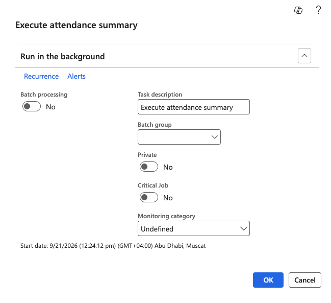The execute attendance summary periodic task dialog