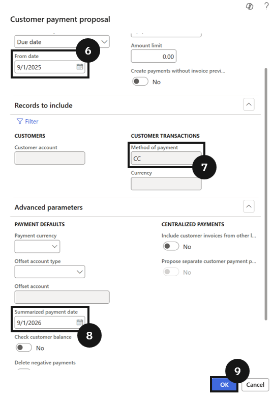 Schedule Credit Card Payments — the journal lines after Create Payments with any zero-amount lines to be deleted