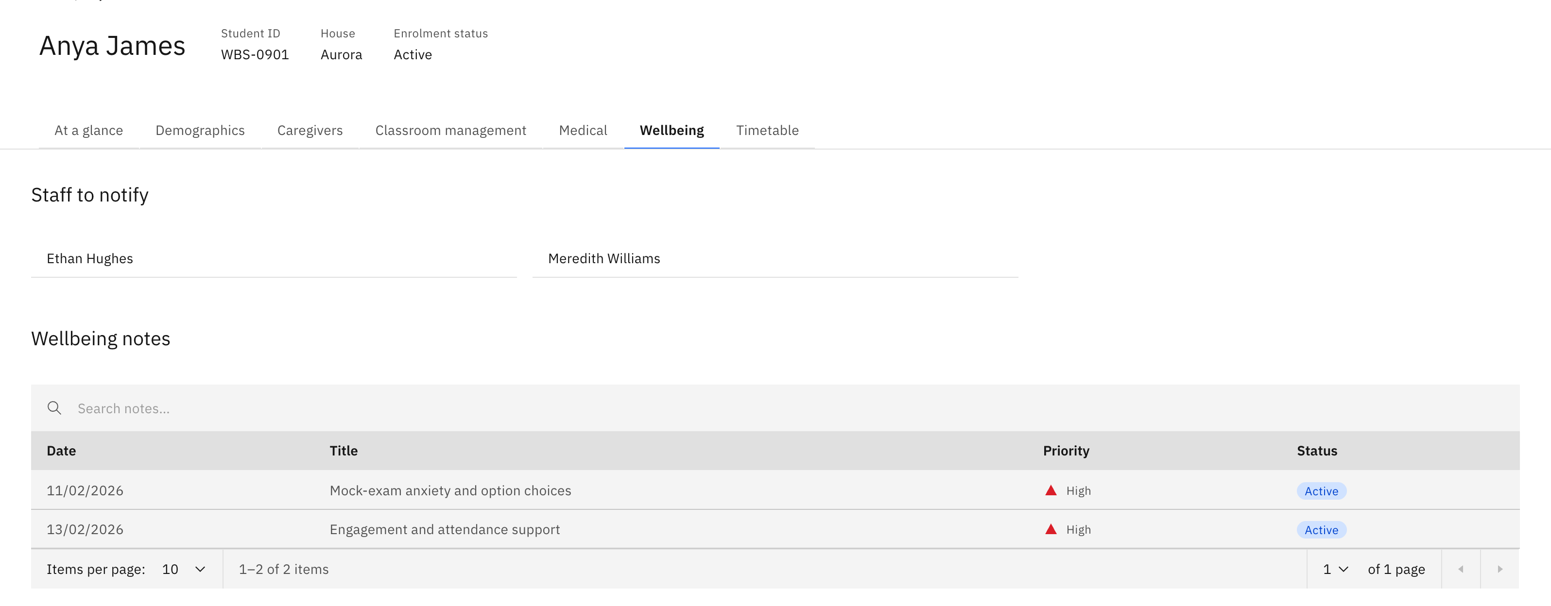 A student profile with the Wellbeing tab selected, showing Staff to notify and the Wellbeing notes table