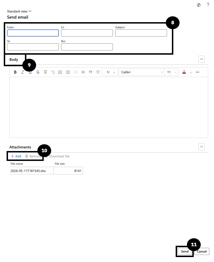 Send a Customer Statement Email — the Send email form with From, To, Subject, Body, and attachment fields