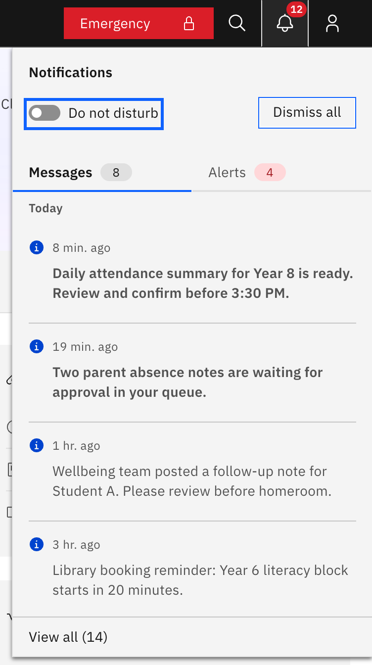 The Notifications slide-out panel open from the top-bar bell, with the Do not disturb toggle highlighted in the panel header