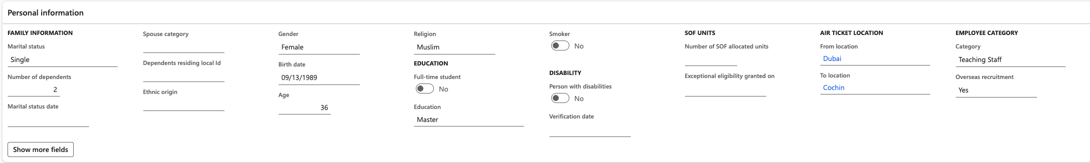 The employee profile showing the air ticket location from and to fields under personal information