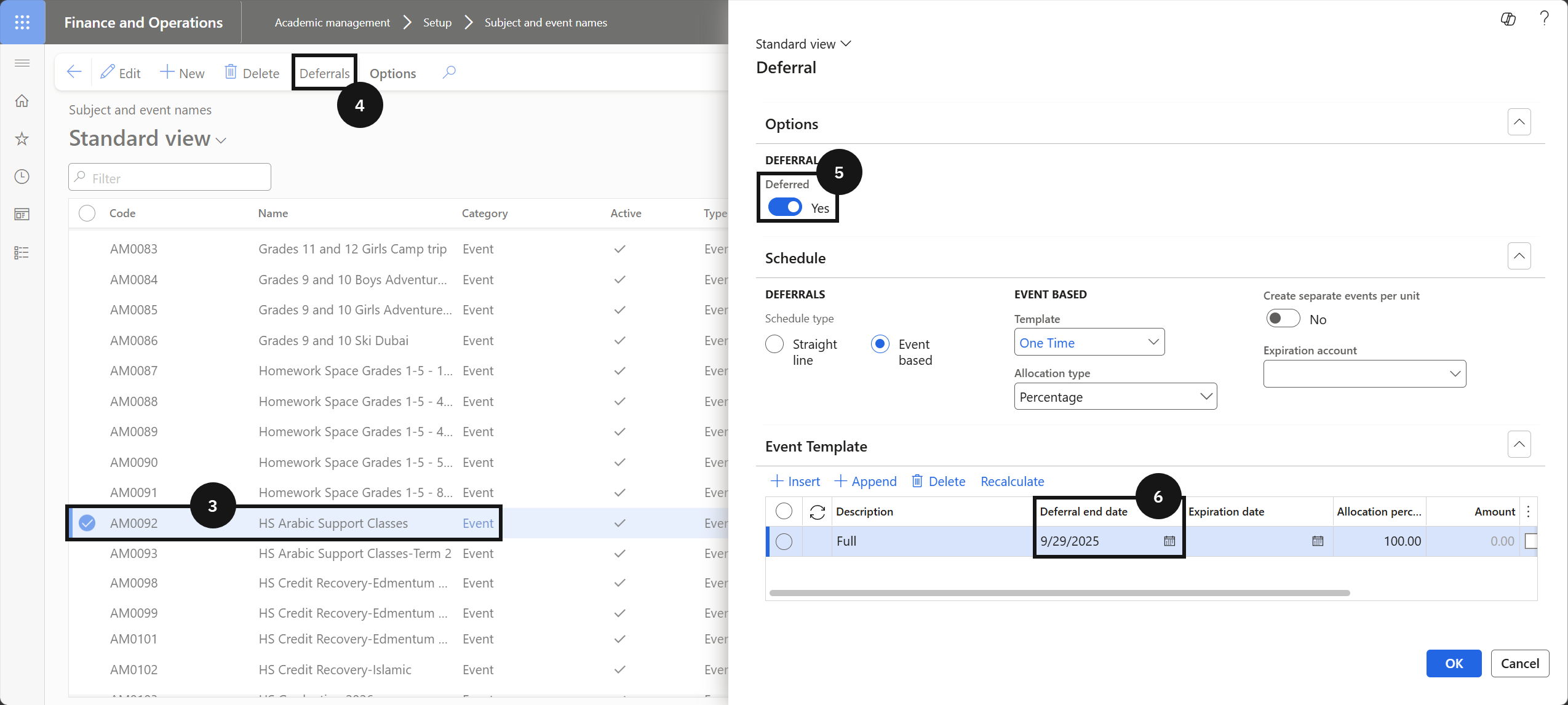 Set Event Deferral Date — the Deferrals panel with the Deferred toggle enabled and the Deferral date set to the event date