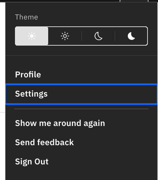 The user menu open from the top-right avatar, with Settings highlighted