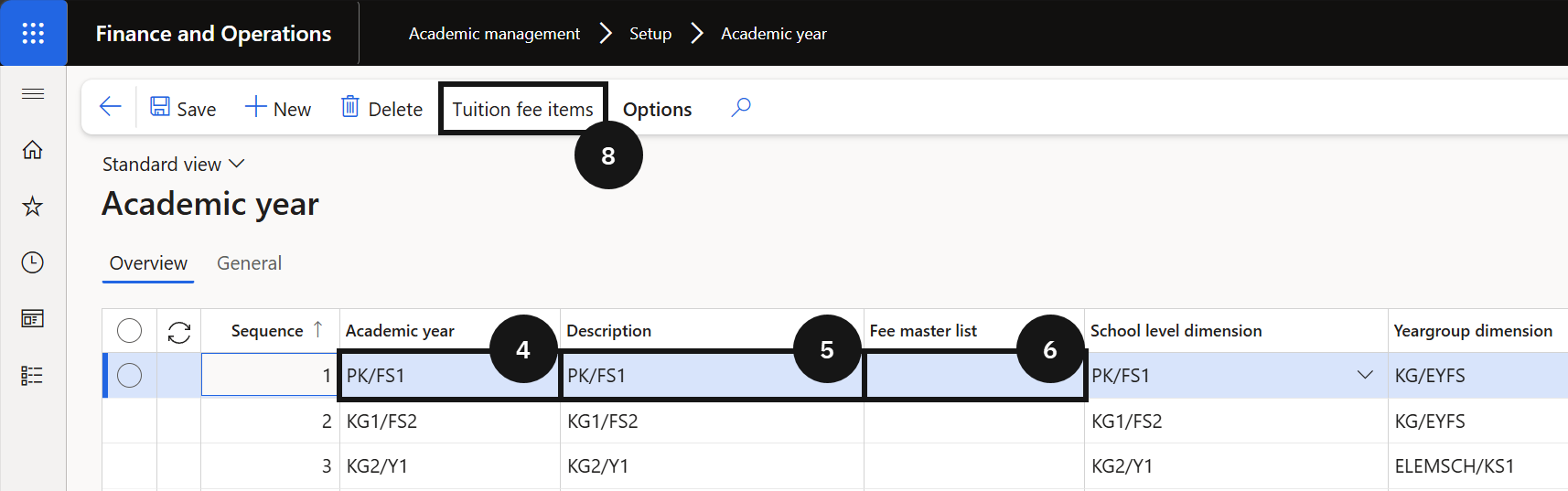 Set Up Academic Year — the Academic year form with Academic year code, Description, and Fee master list fields