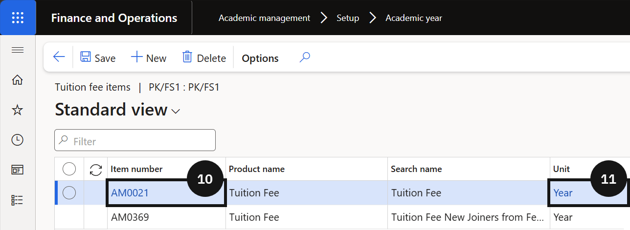 Set Up Academic Year — the Tuition fee items panel with the new item row showing Item number and Unit