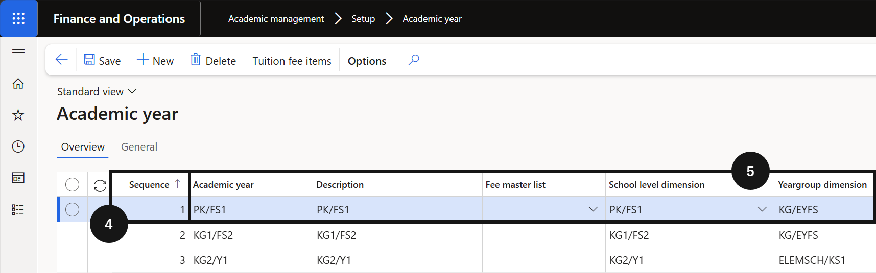 Set Up Academic Year — the Academic year list with the new record and Sequence number visible
