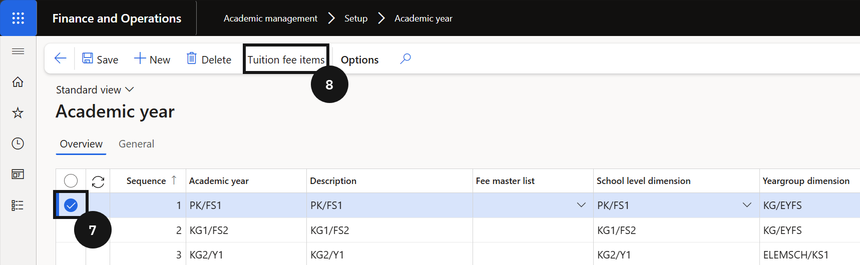 Set Up Academic Year — the Tuition fees panel with the re-enrolment and enrolment deposit fee items