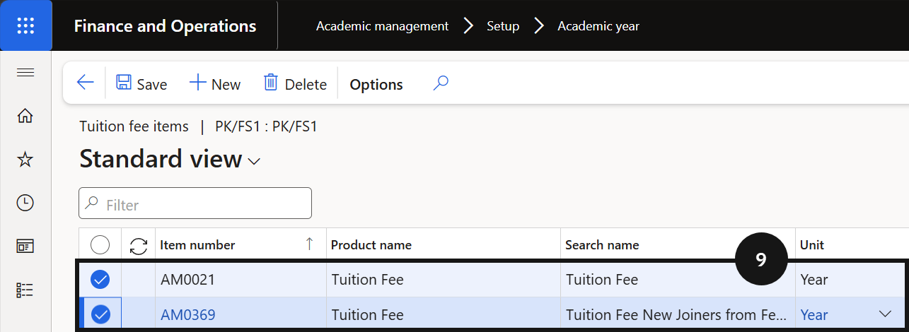 Set Up Academic Year — the completed Tuition fees panel showing all fee items including the additional tuition fee