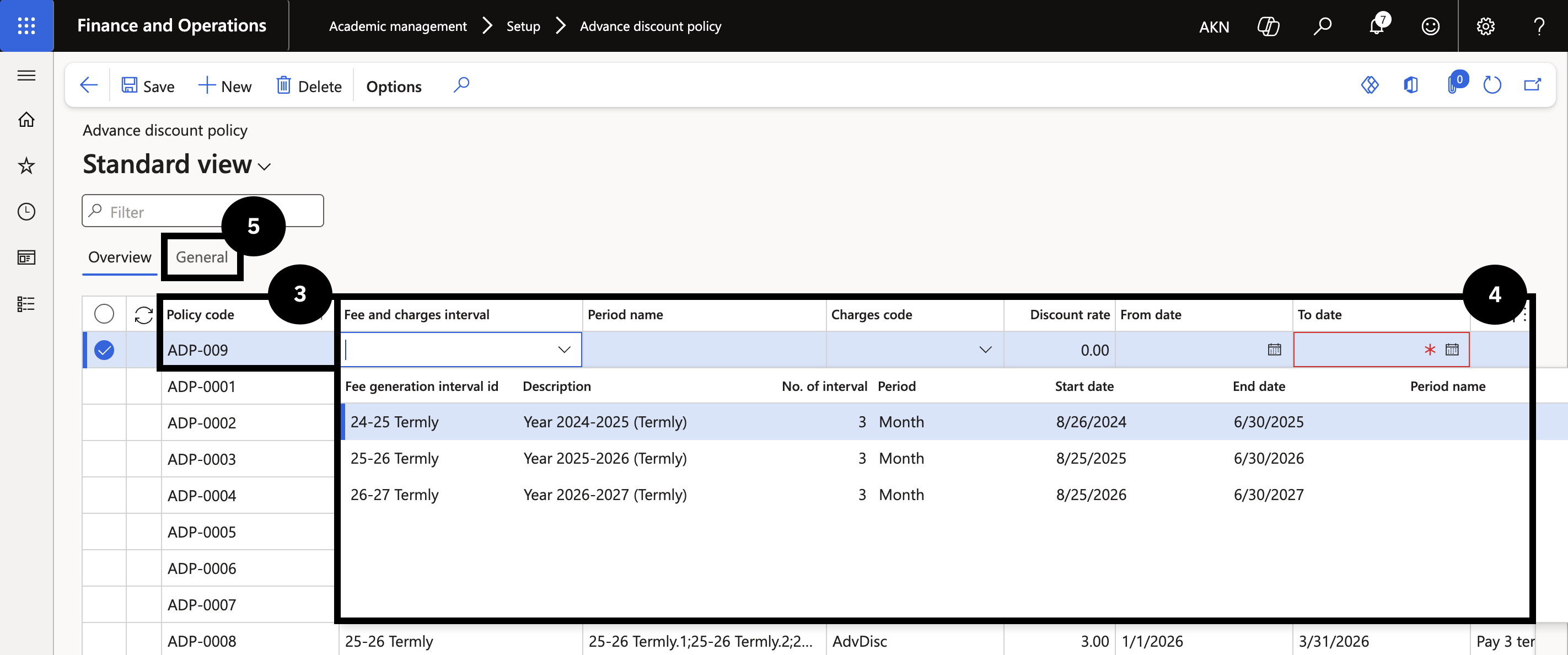 Set Up Advance Discount Policy — the Overview tab with Policy code, Fee and charges interval, and the Charges code and Discount fields