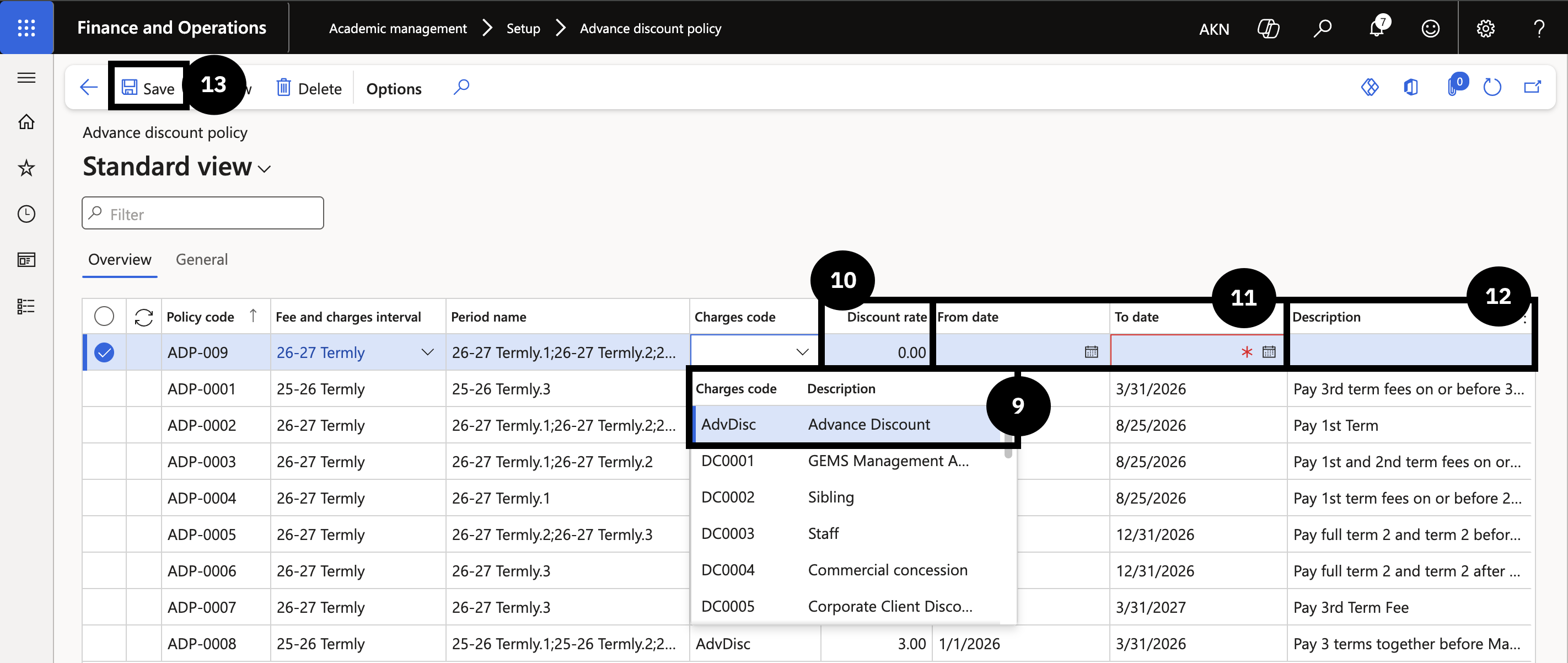 Set Up Advance Discount Policy — the completed Overview tab showing the policy with From date, To date, and Description