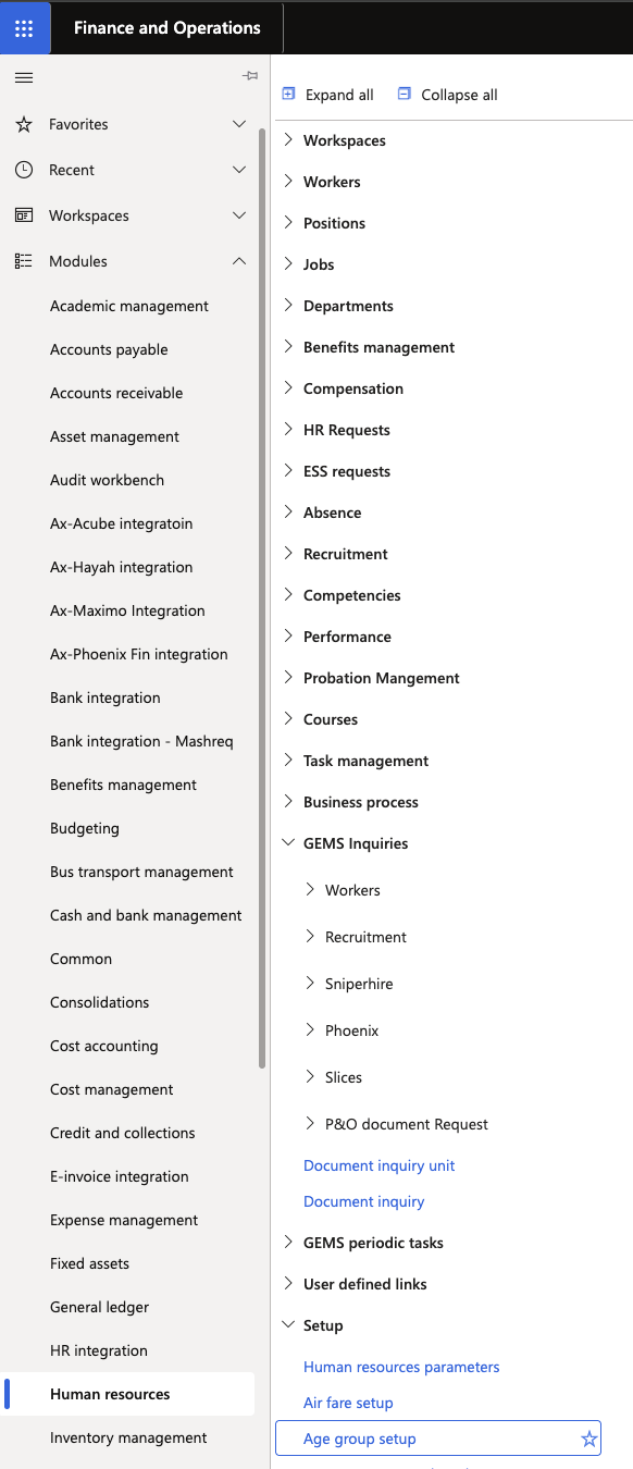 The D365 navigation pane with Age group setup selected under Human Resources setup