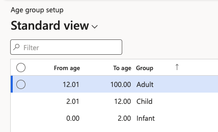 The Age group setup form showing the infant and child bands with their from and to ages