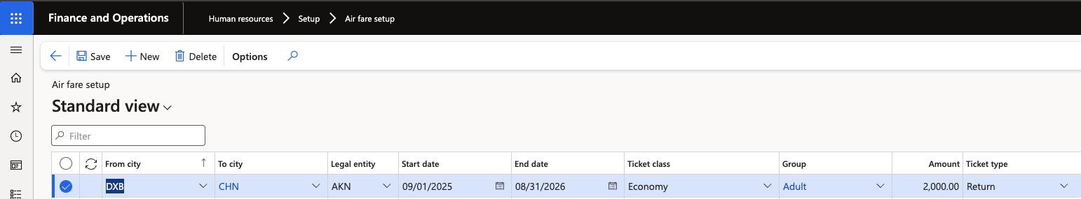 A fare record in edit mode showing the legal entity, from and to city, ticket class and ticket type