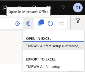 The Open in Microsoft Office menu on the Airfare setup form with the airfare data entity listed