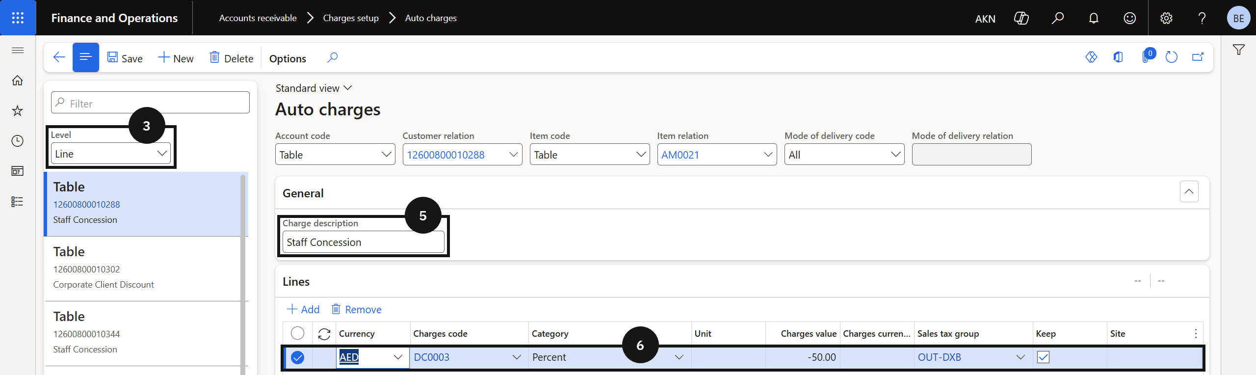 Set up charge code — the Auto charges list filtered to Line level with a new record