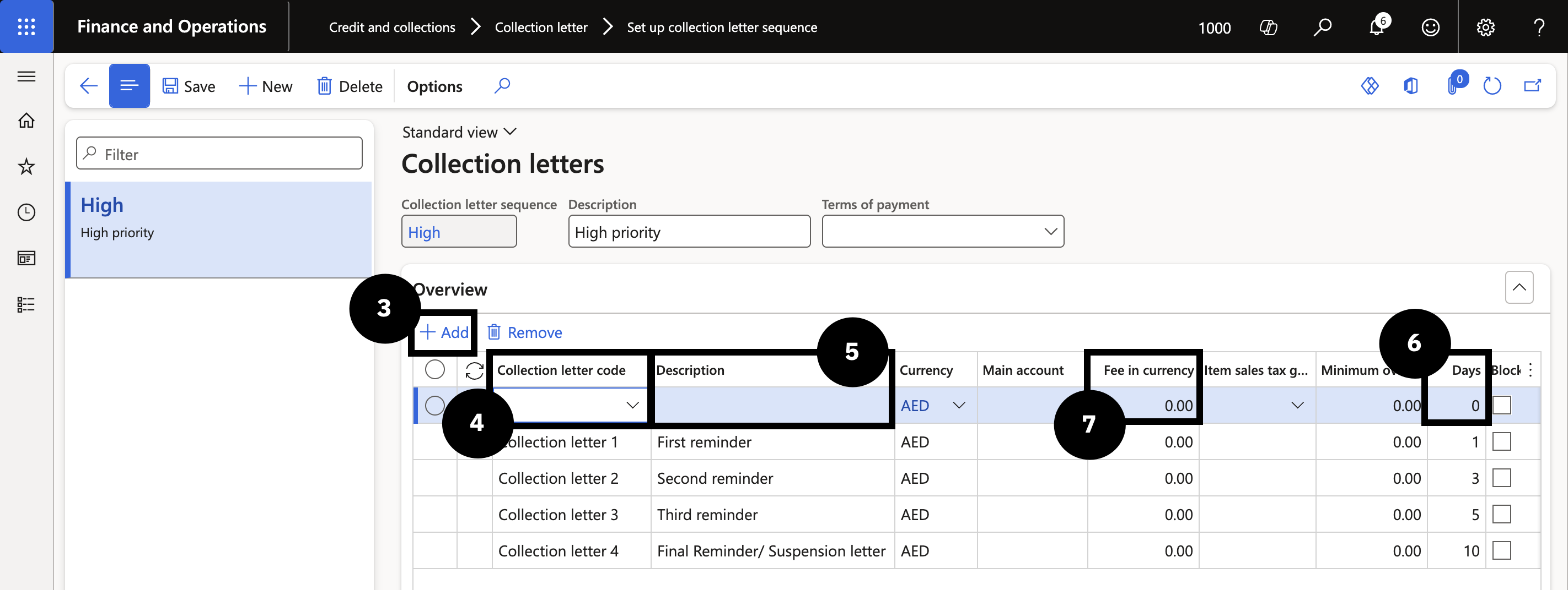 Set Up Collection Letters — the collection letter sequence with First Reminder, Second Reminder, and Suspension Letter stages showing Days and fee fields