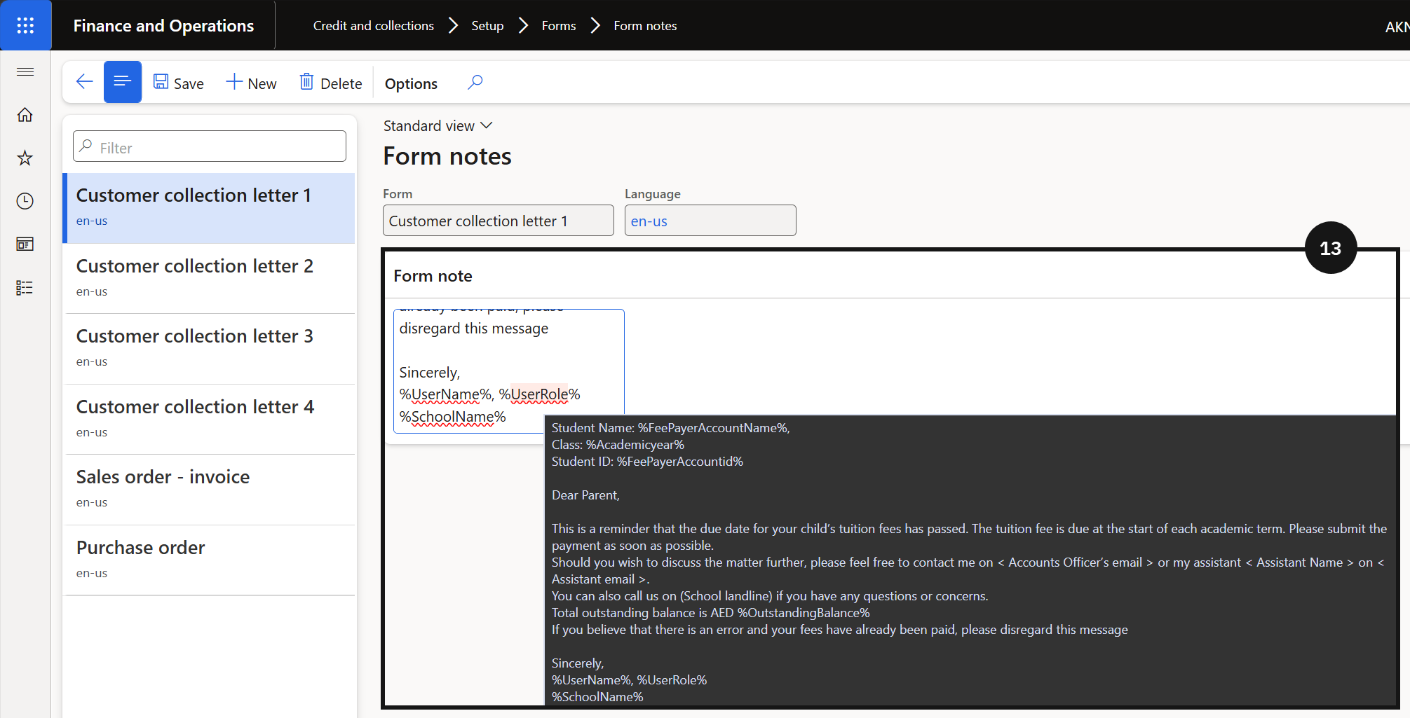 Set Up Collection Letters — the Form notes setup with the letter body text for each stage