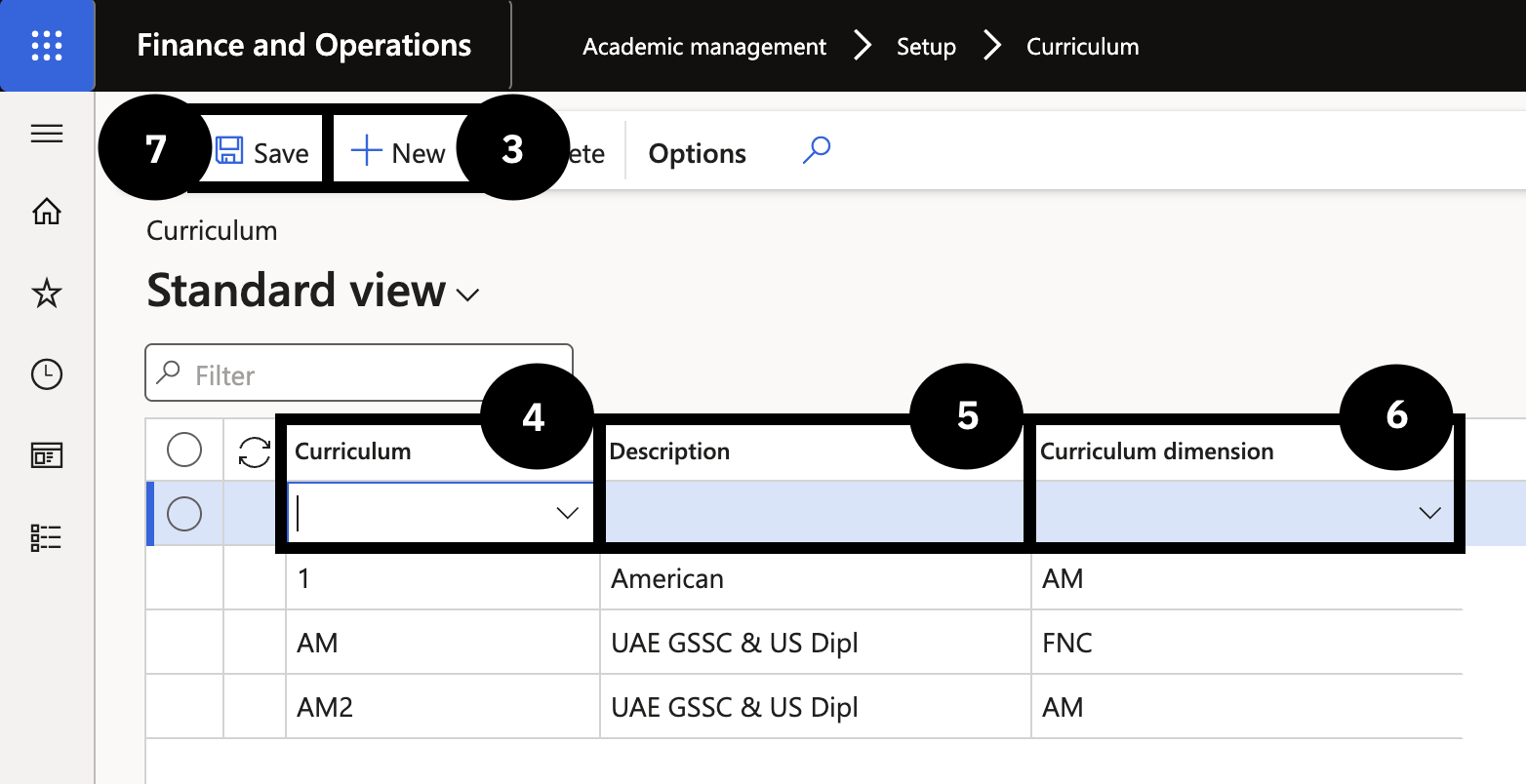 Set Up Curriculum — the Curriculum form with Curriculum, Description, and Curriculum dimension fields