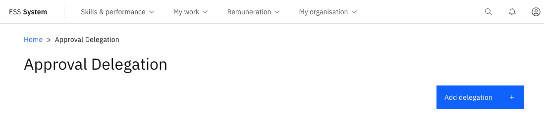 The Approval delegations screen with the Add delegation button visible and any existing delegations listed below