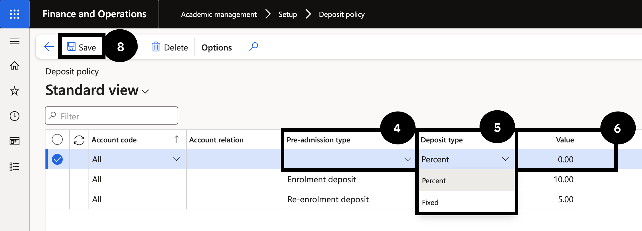 Set Up Deposit Policy — the Deposit policy form with Pre-admission type, Deposit type, and Value columns