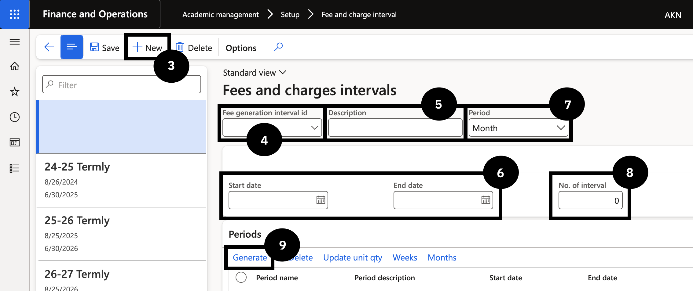 Set Up Fee and Charge Interval — the new interval form with ID, start/end dates, period option, and number of intervals