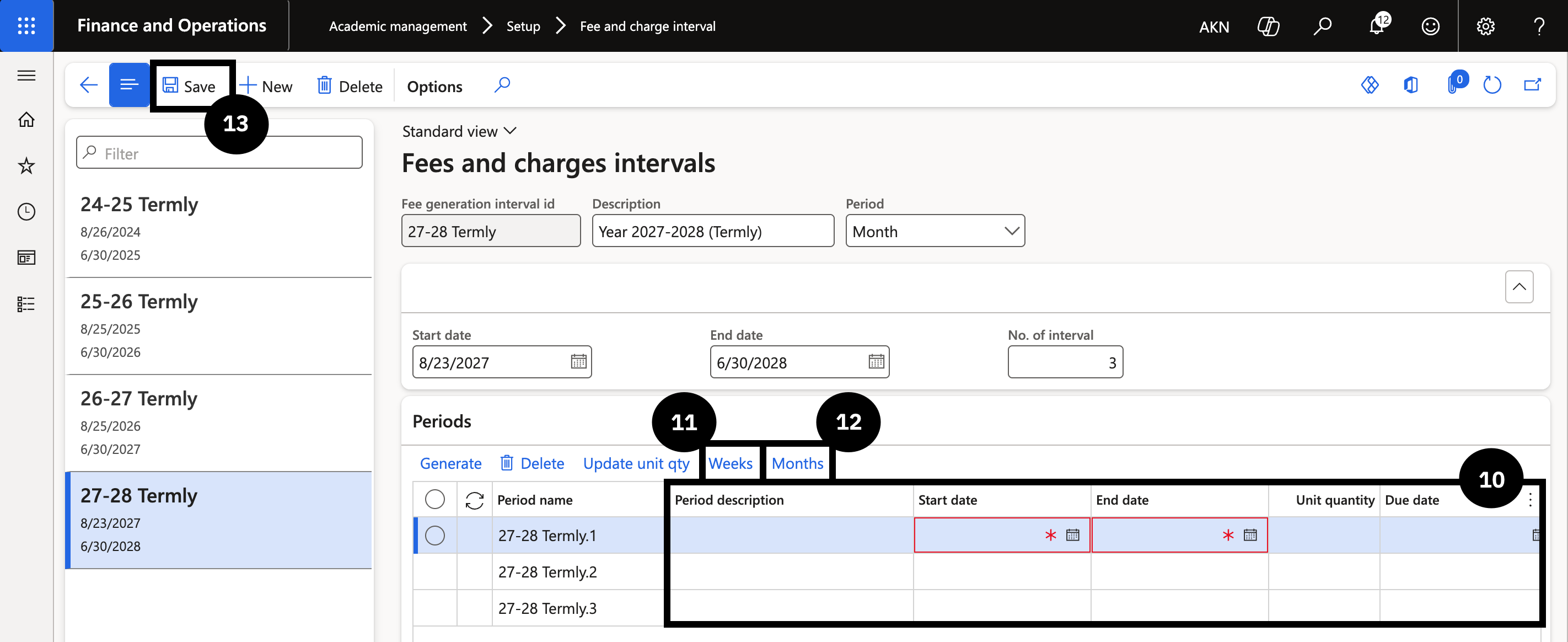 Set Up Fee and Charge Interval — the generated periods list with Period description, dates, and Due date columns
