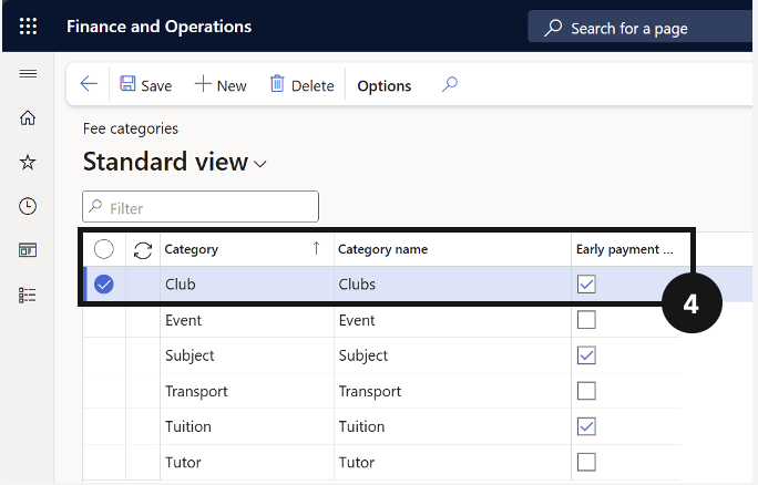 Set Up Fee Categories — the Fee categories form with new category entries