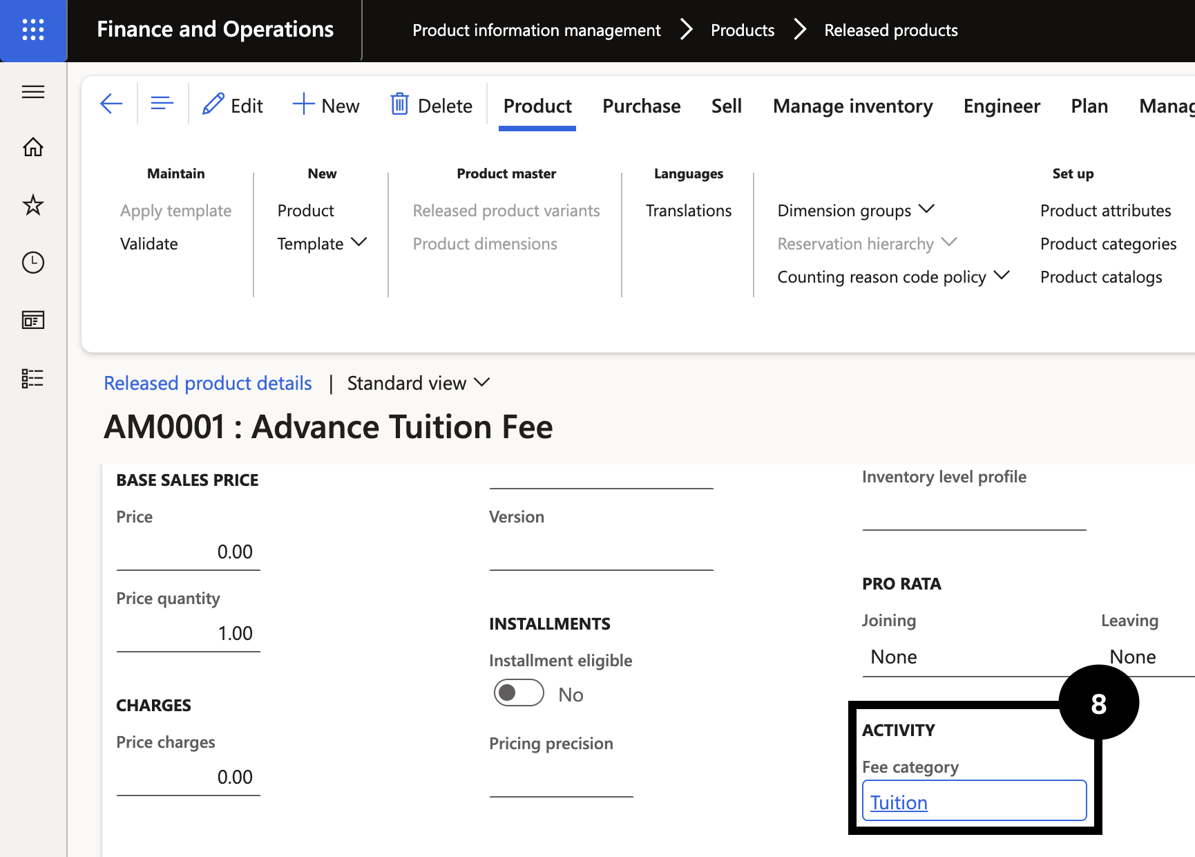 Set Up Fee Categories — the Sell tab on a released product showing the Activity section with the Fee category field