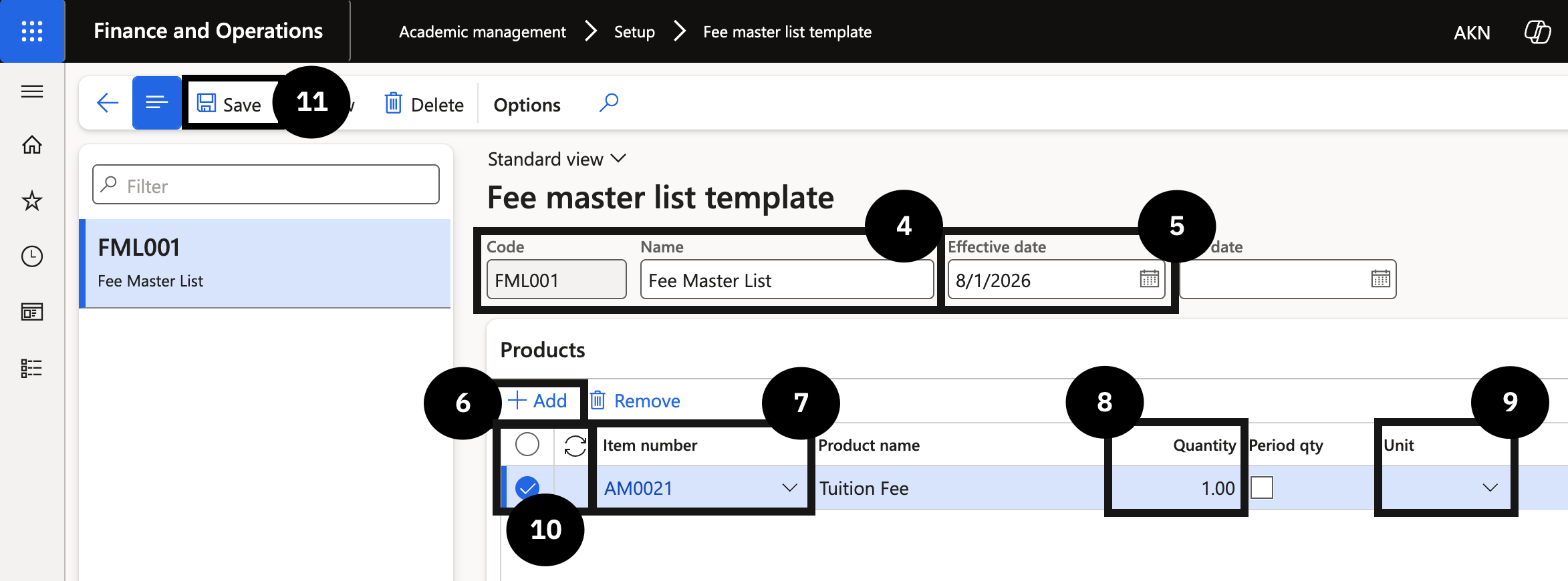Set Up Fee Master Template — the Fee master list template form with Code, Name, Effective date, and the Products section showing Item number, Quantity, and Unit