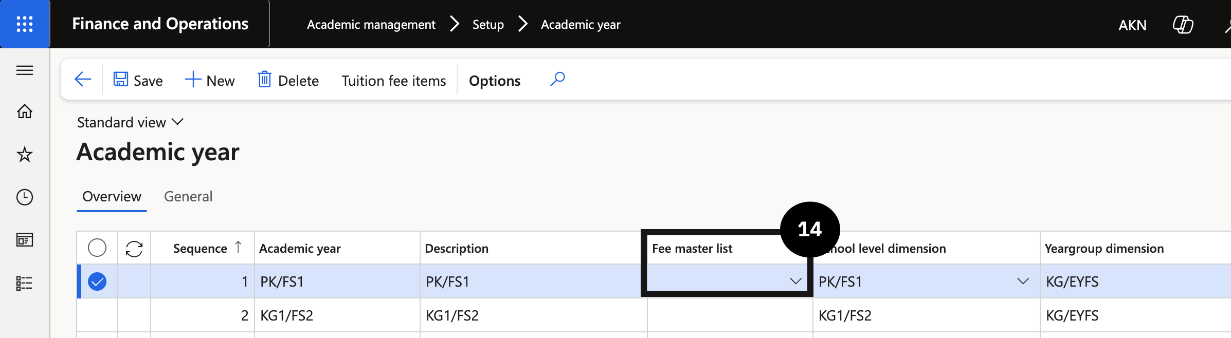 Set Up Fee Master Template — the Academic year form with the Fee master list code selected for each academic year row