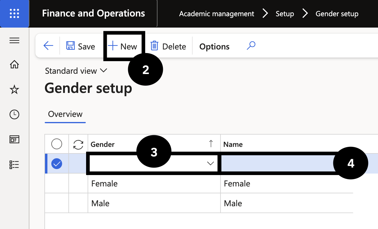 Set Up Gender — the Gender setup form with Gender and Name fields