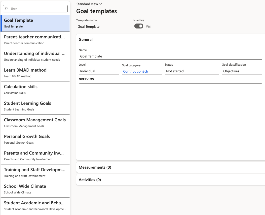 The Goal templates list in D365