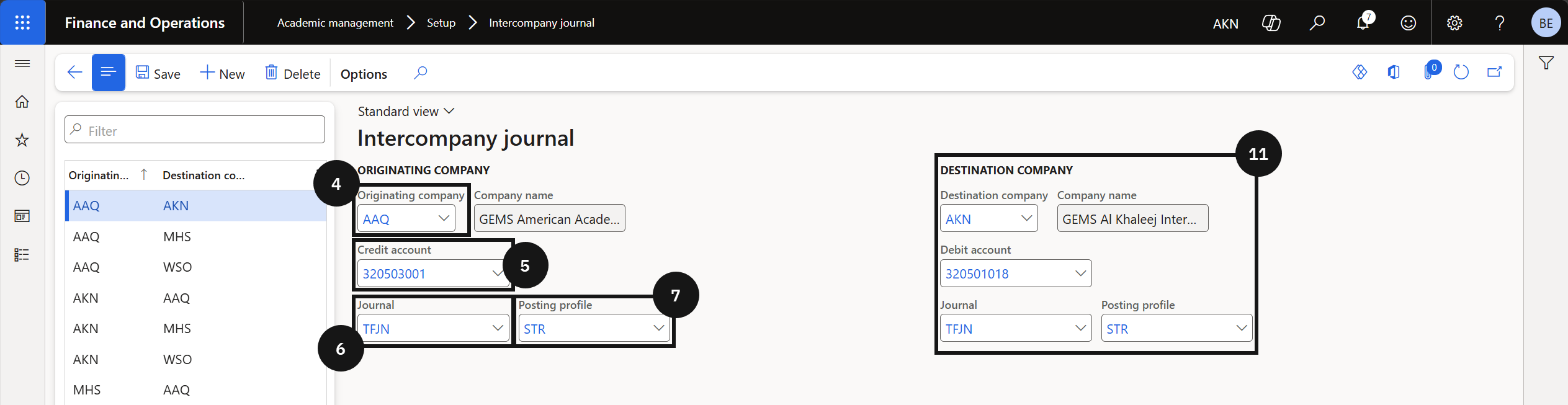 Set Up Intercompany Channel — the Intercompany journal form with Originating company, Credit account, Journal, and Posting profile fields