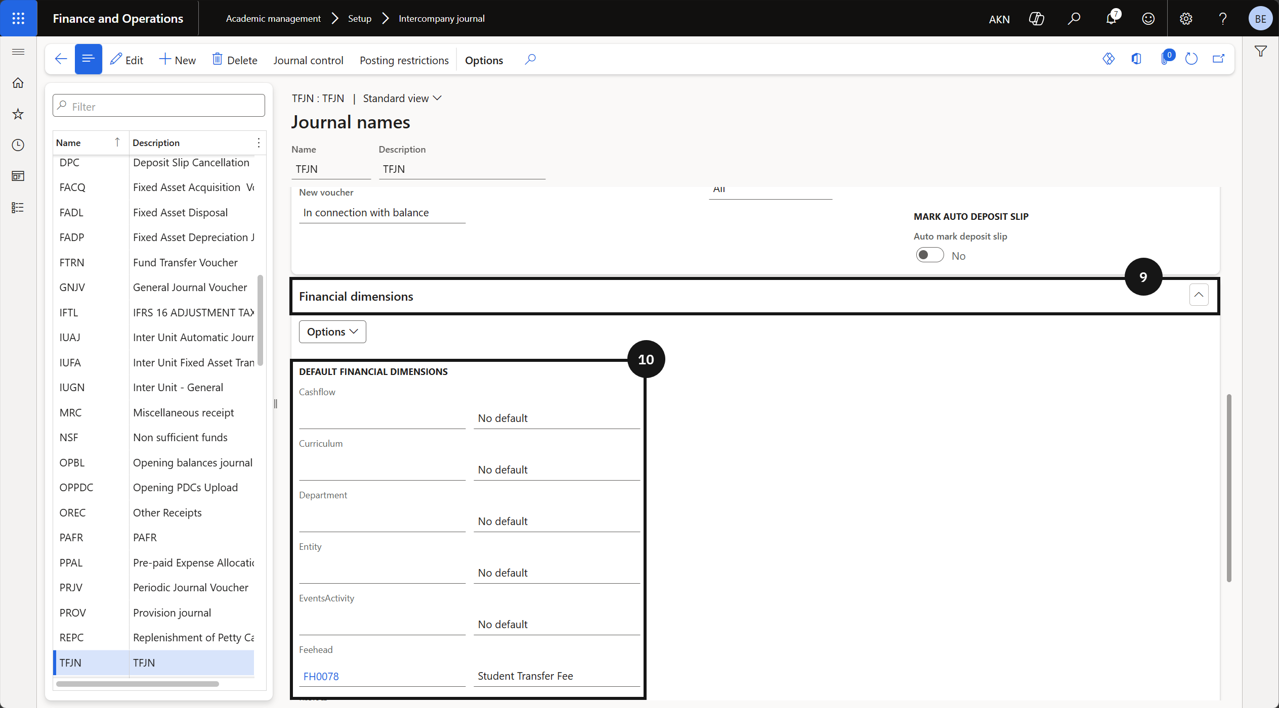 Set Up Intercompany Channel — the Financial dimensions tab with fee head values entered